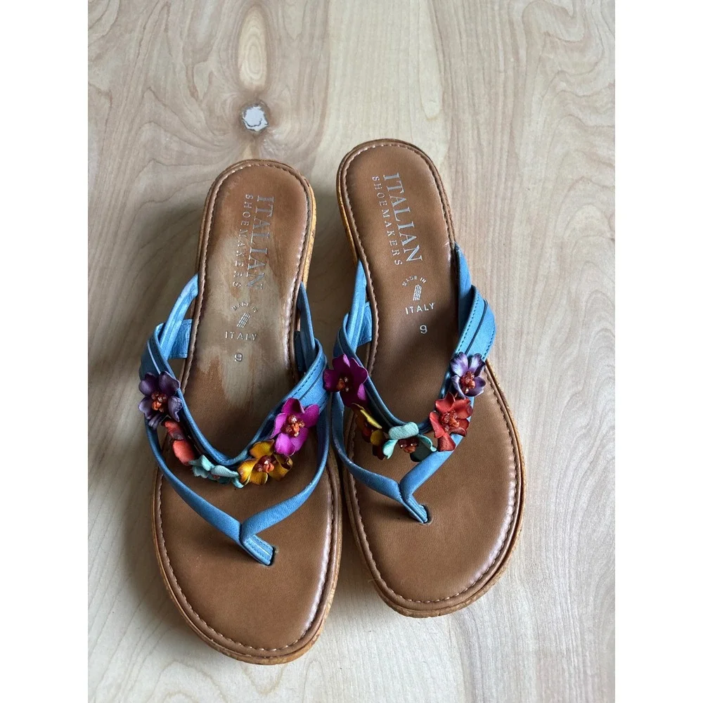 Italian Shoemakers Wedge Sandals Size9 Blue Floral Boho Y2K Cork Heel Made Italy